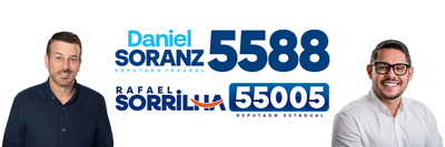 Faixa branca com os retratos de Daniel Soranz e Rafael Sorrilha, e as marcas 5588 e 55005 entre eles